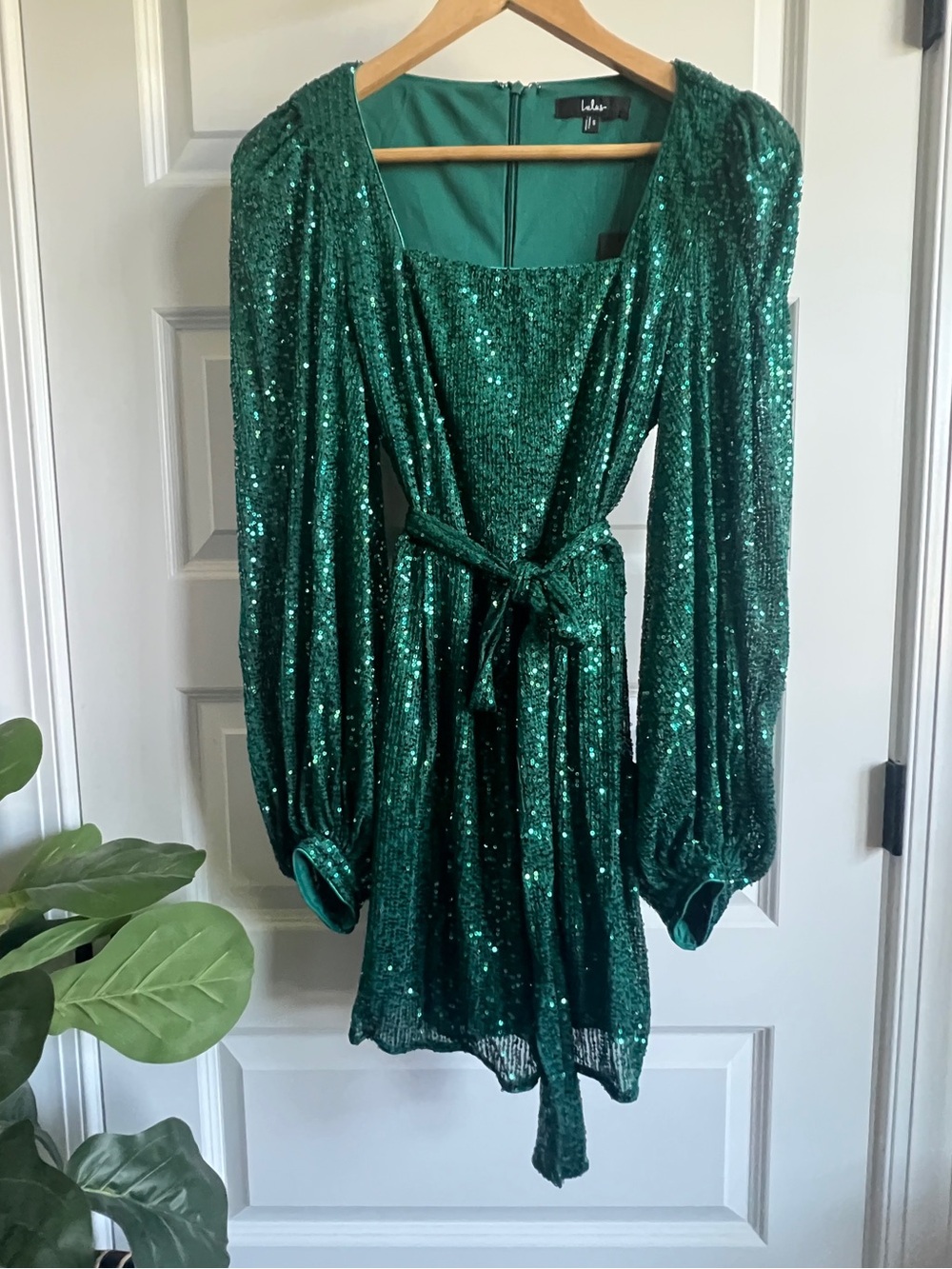 LULUS Festive Mood Sequin Puff-Sleeve Mini Dress Emerald Green Small
